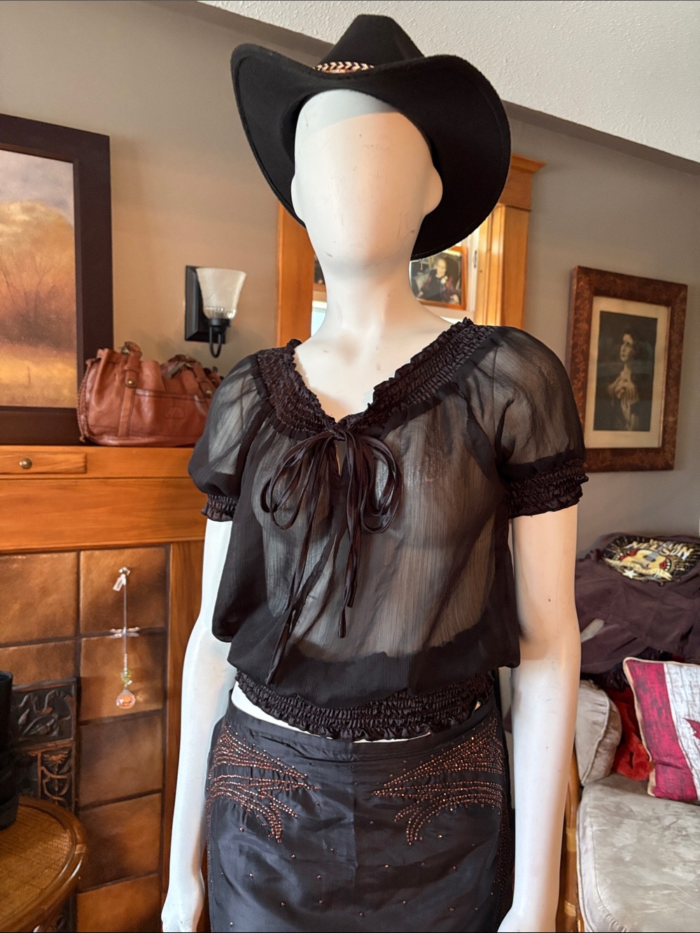 # 138 Sheer Black Short-Sleeve Peasant Blouse